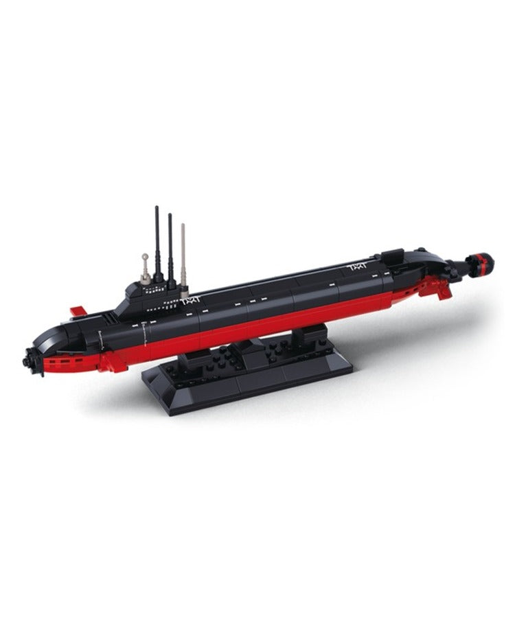Model submarine on a stand with a white background
