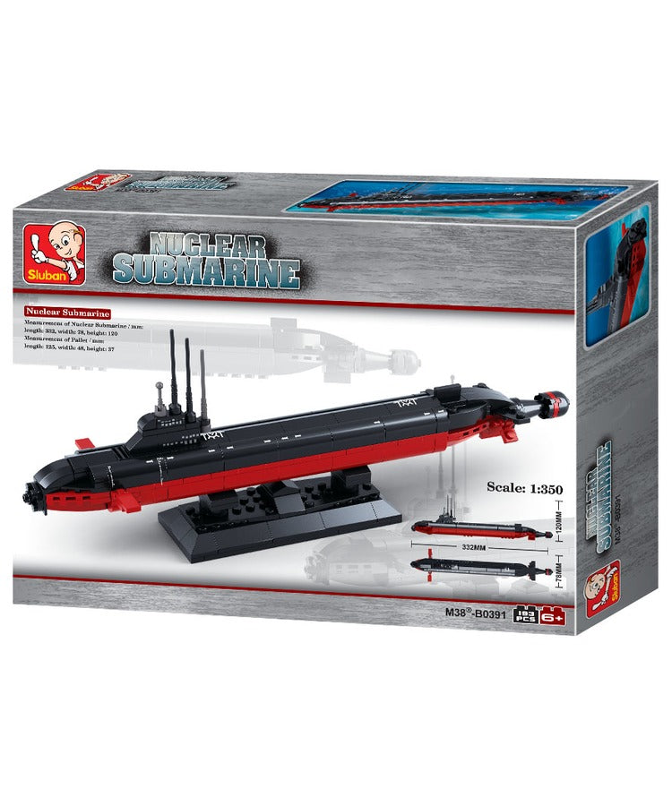 Model submarine toy with packaging on a white background