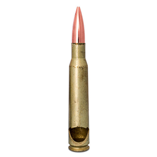Bullet casing with a copper bullet on a white background