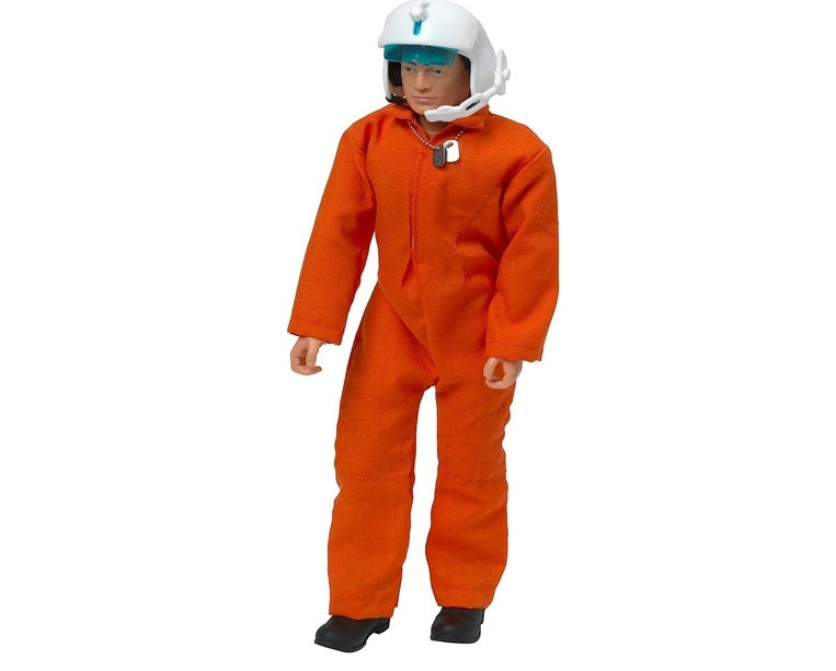 Action Man doll wearing an orange coverall and white helmet on a white background