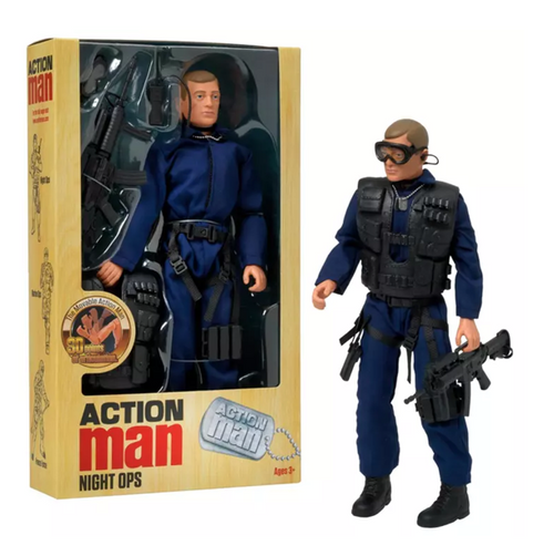 Action Man figure with tactical gear next to its packaging