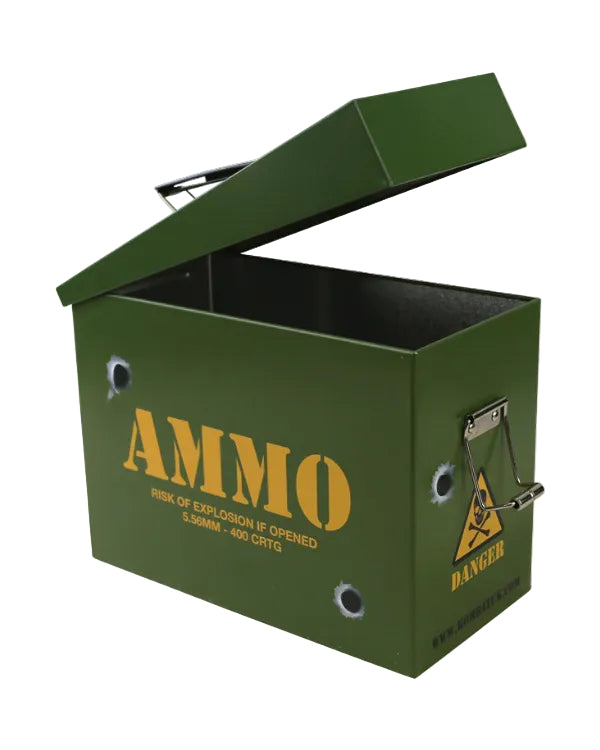 Green ammo box with yellow text and warning labels on a white background