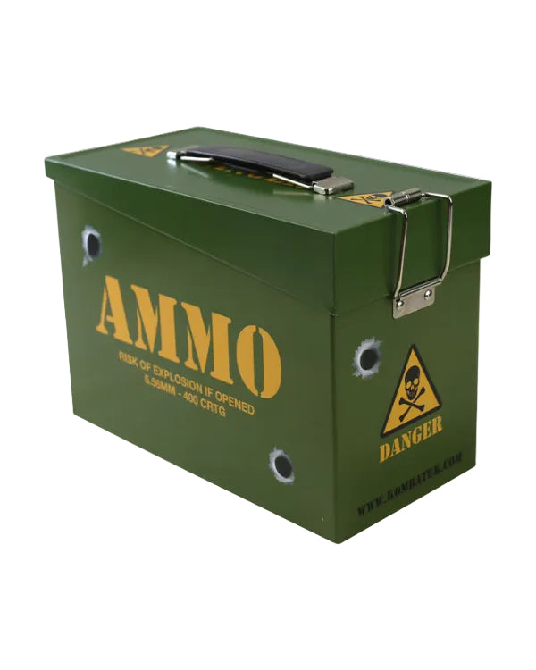 Green ammo box with yellow text and warning symbols on a white background