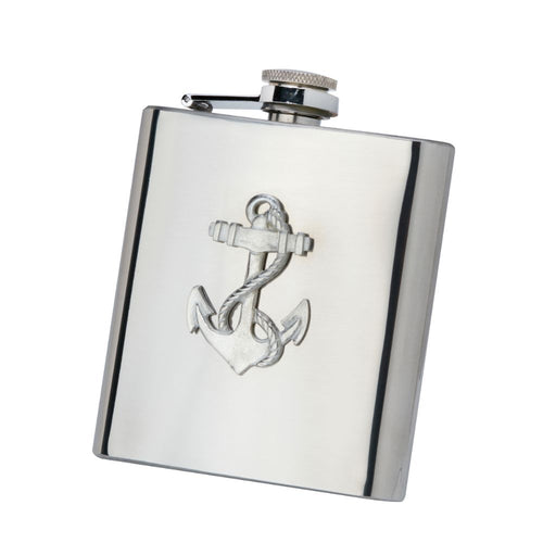 Silver flask with an anchor design on a white background