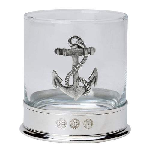 Clear glass container with silver anchor design on a white background