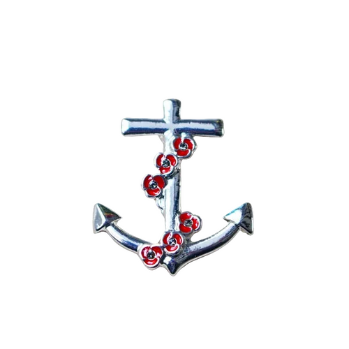 Silver anchor charm with red poppy designs on a white background