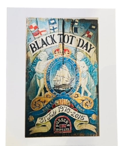 Decorative print celebrating 'Black Tot Day' with ship and angel design on a white background