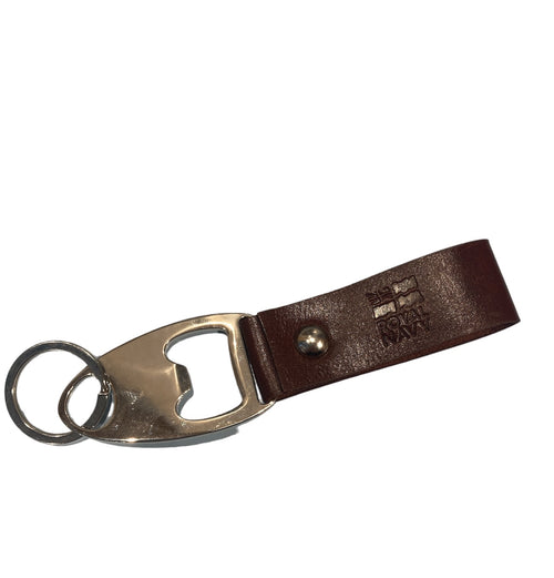 Brown leather keychain, embossed with the Royal Navy logo, with bottle opener on a white background