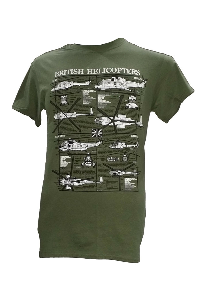 Green t-shirt with British helicopters design on a white background