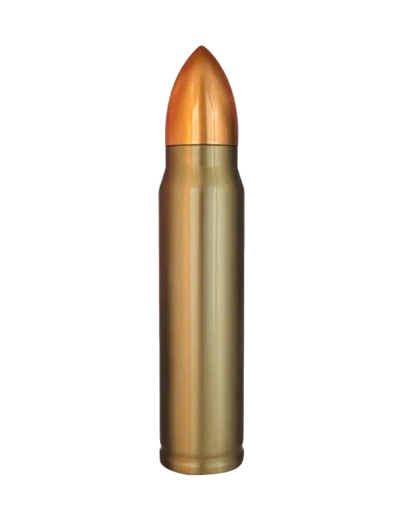 Bronze-coloured flask in the shape of a large bullet on a white background