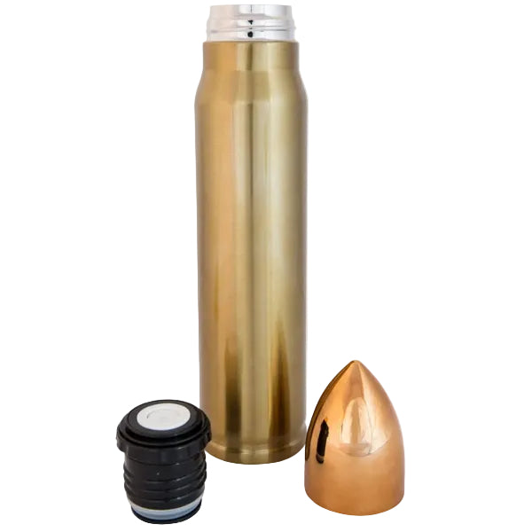 Gold insulated bottle with black cap and decorative element on a white background
