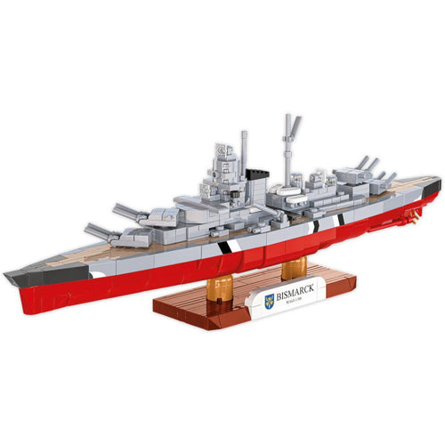 Model of a battleship Bismarck made from building blocks on a white background