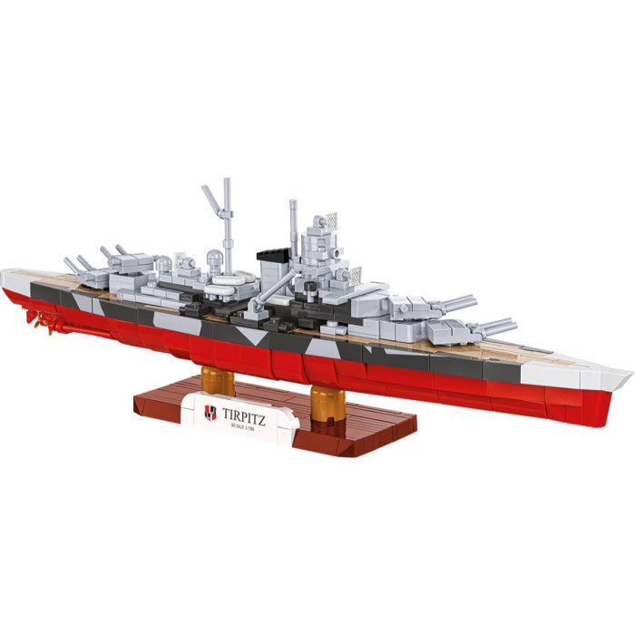Model of battleship Tirpitz, made from building blocks on a white background