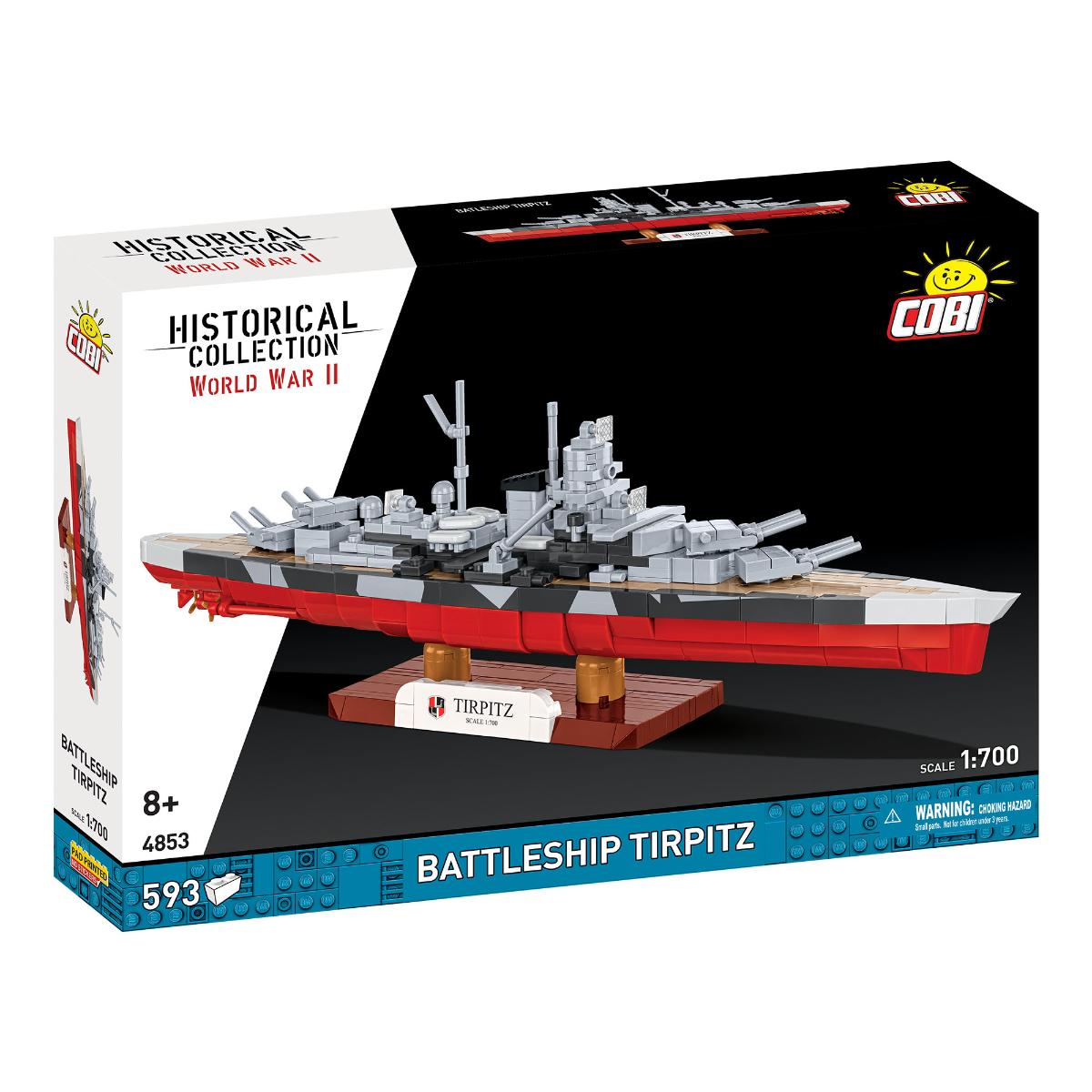 Boxed set of a Battleship Tirpitz model from Cobi, featuring the ship on a black background.