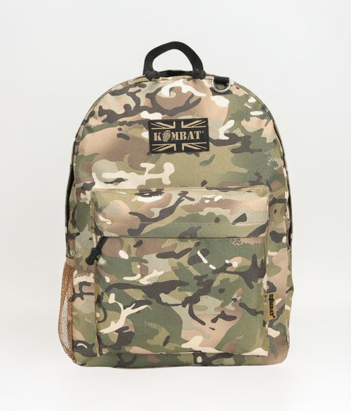 Camouflage backpack with "Kombat" logo on a white background