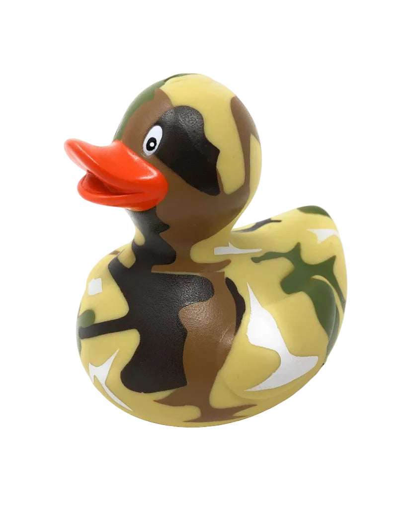 Camouflage-patterned rubber duck with a red beak on a white background