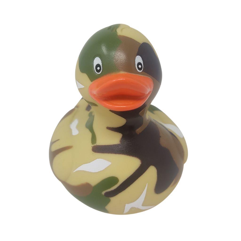 Camouflage-patterned rubber duck on a white background