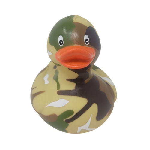 Camouflage-patterned rubber duck on a white background
