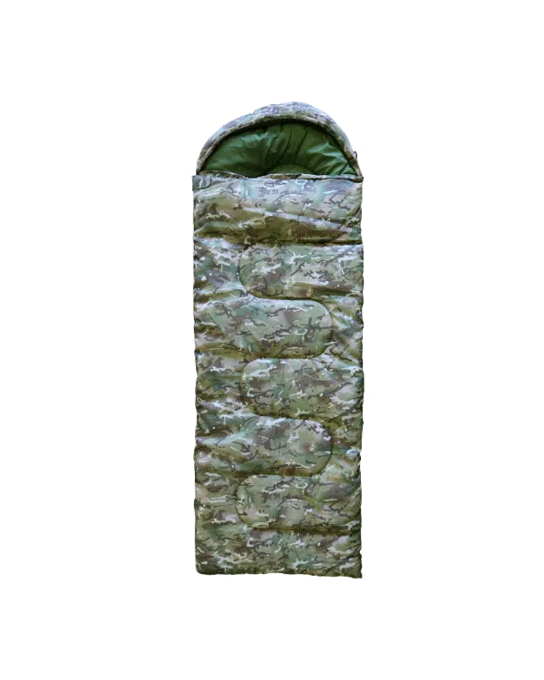 Camouflage-patterned sleeping bag on a white background
