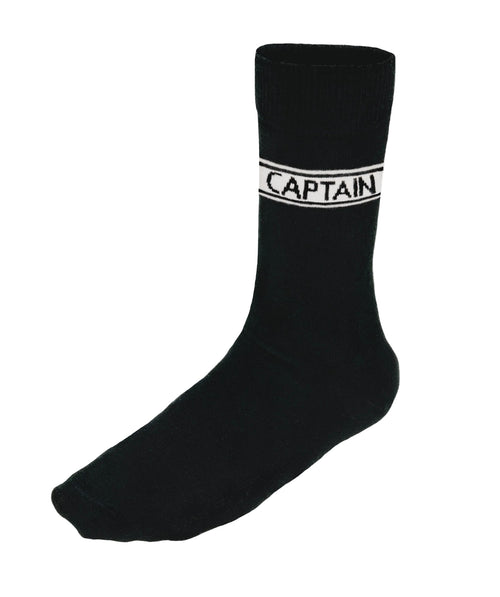 Black sock with 'CAPTAIN' band on a white background