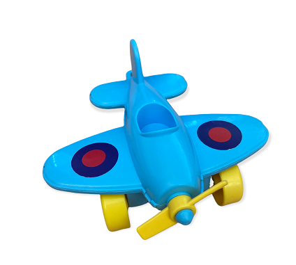 Toy airplane with blue body, yellow propeller, and red and blue circular designs on a white background