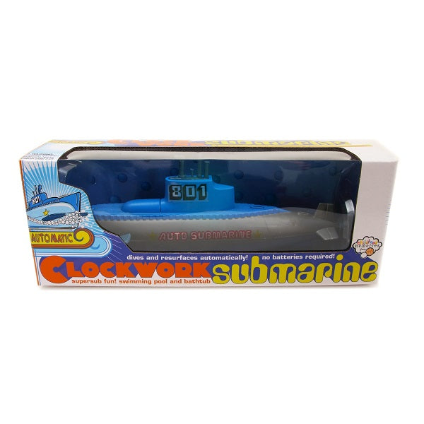 Toy submarine in packaging with 'Clockwork Submarine' branding on a white background