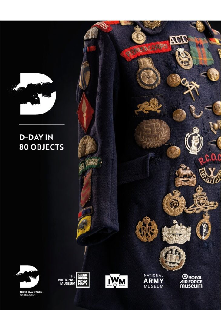 Navy uniform with embroidered badges on a black background, featuring the D-Day in 80 Objects logo.