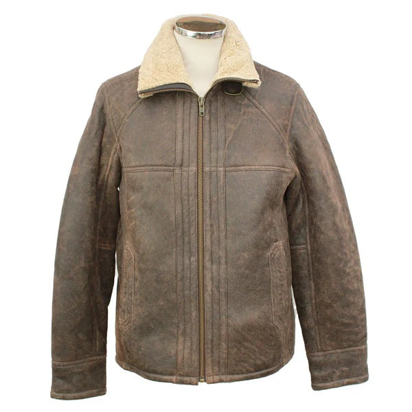 Brown leather jacket with beige fleece lining against a white background