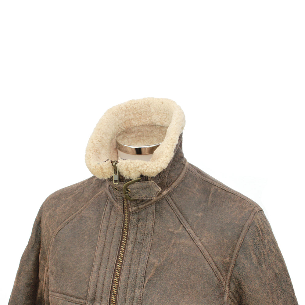 Brown leather jacket with beige fur collar on a white background
