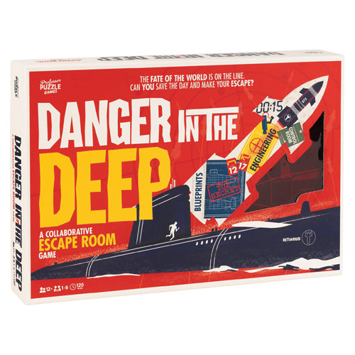Box of 'Danger in the Deep' escape room game with submarine and rocket design.