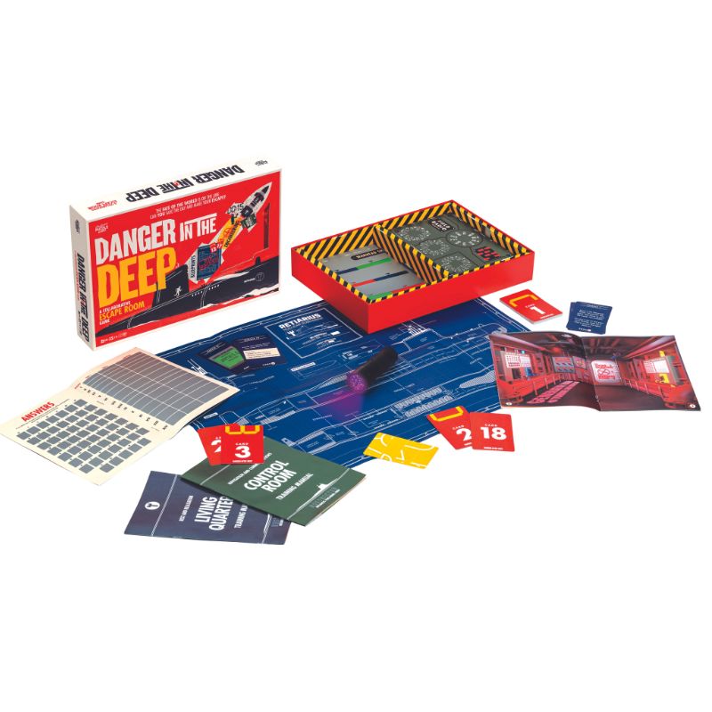 Board game set with 'Danger in the Deep' packaging on a white background