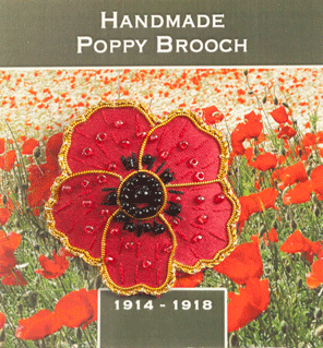 Handmade poppy brooch with floral background