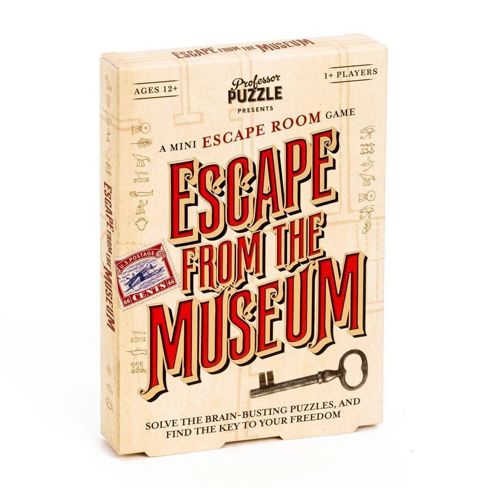 Box of 'Escape from the Museum' mini escape room game by Professor Puzzle on a white background