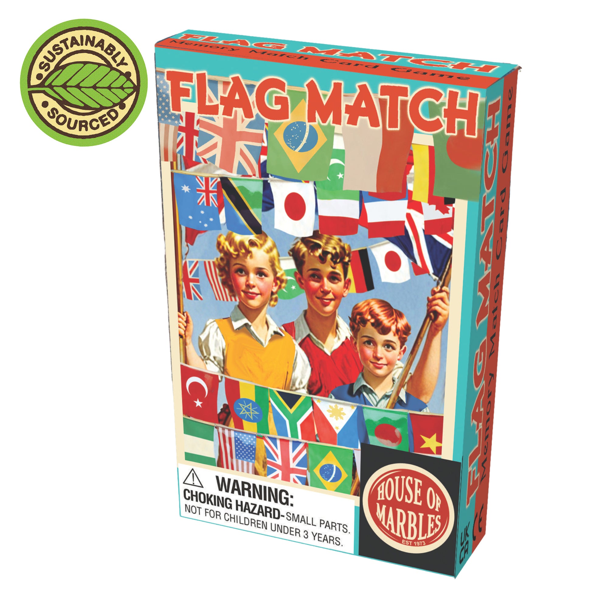 Box of 'Flag Match' game with children holding flags and House of Marbles branding.