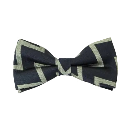 Navy blue bow tie with light green geometric pattern on a white background
