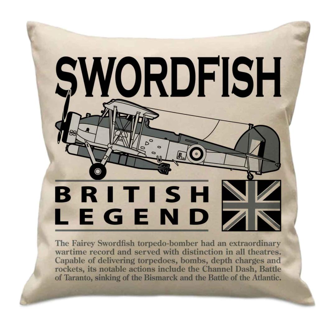 Pillow with Fairey Swordfish design and text on a beige background