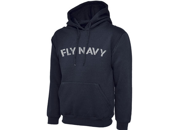 Navy blue hoodie with 'FLY NAVY' text on a white background