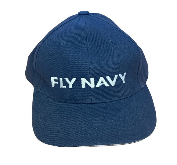 Blue cap with 'FLY NAVY' text on a white background