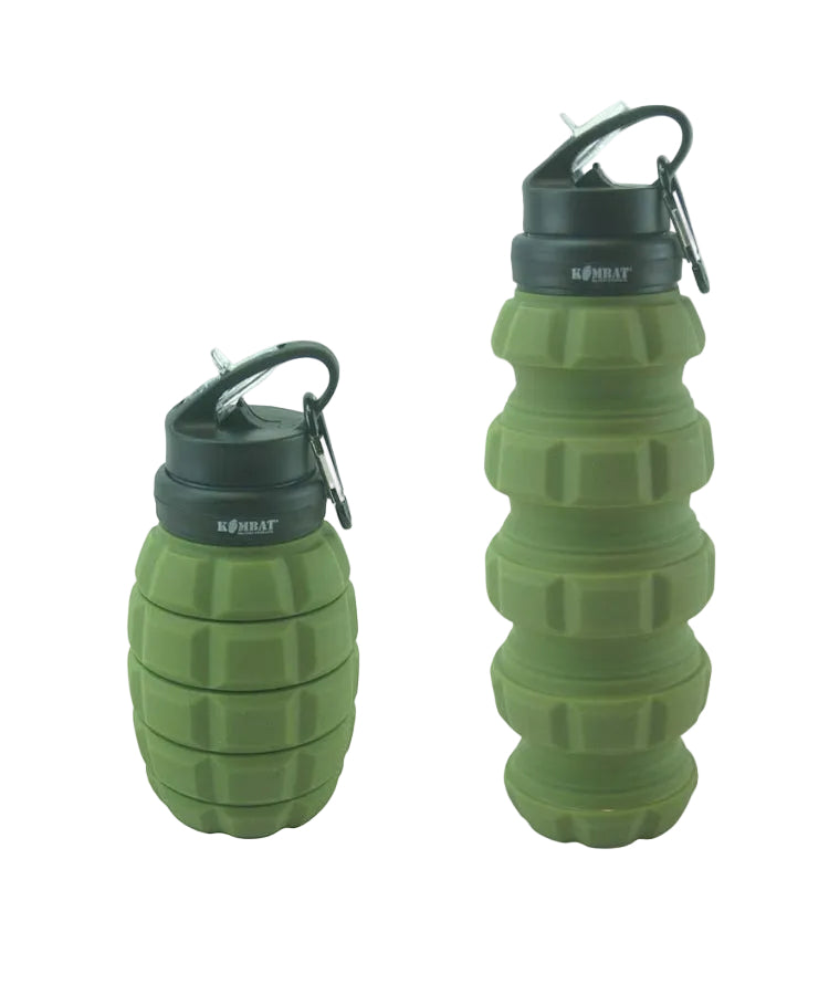 Two green silicone water bottles with black carabiners on a white background