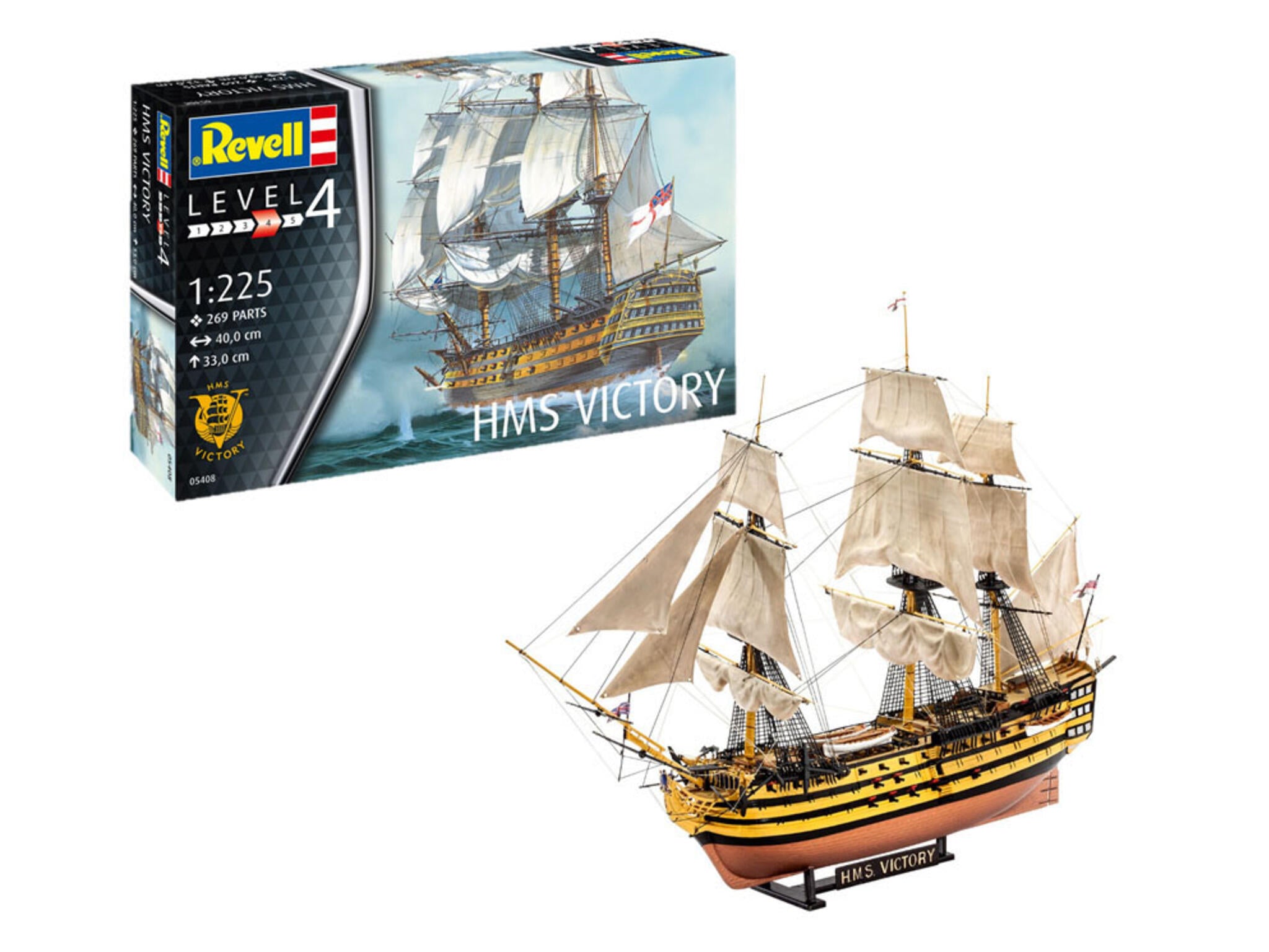 Model ship kit of HMS Victory with packaging on a white background