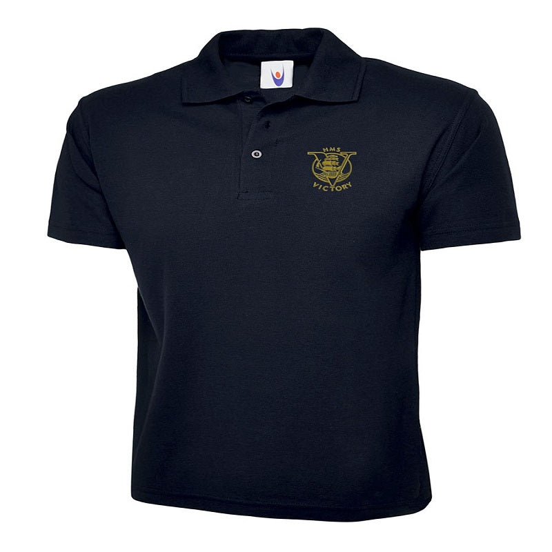 Black polo shirt with a logo on the chest against a white background
