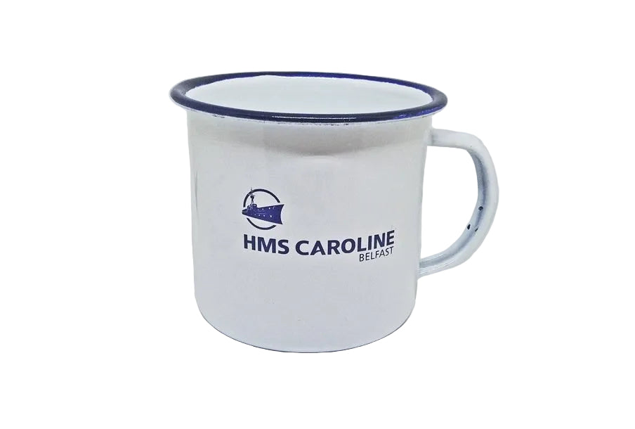 White mug with blue rim and handle featuring 'HMS Caroline Belfast' text 