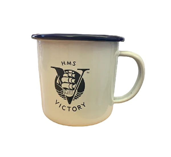 Enamel mug with HMS Victory logo on a white background