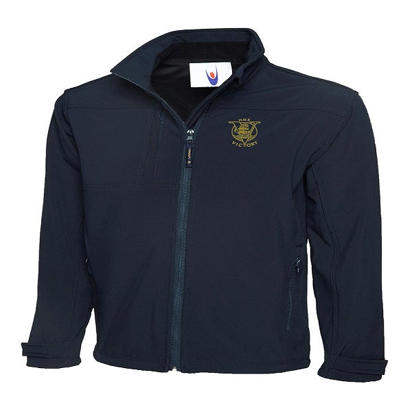 Navy blue jacket with a logo on a white background
