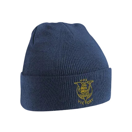Blue beanie with HMS Victory logo on a white background