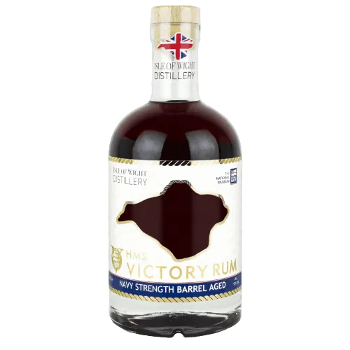 Bottle of Navy Strength Barrel Aged Rum with label on a white background