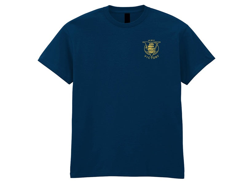 Navy blue t-shirt with an HMS Victory logo on the chest against a white background