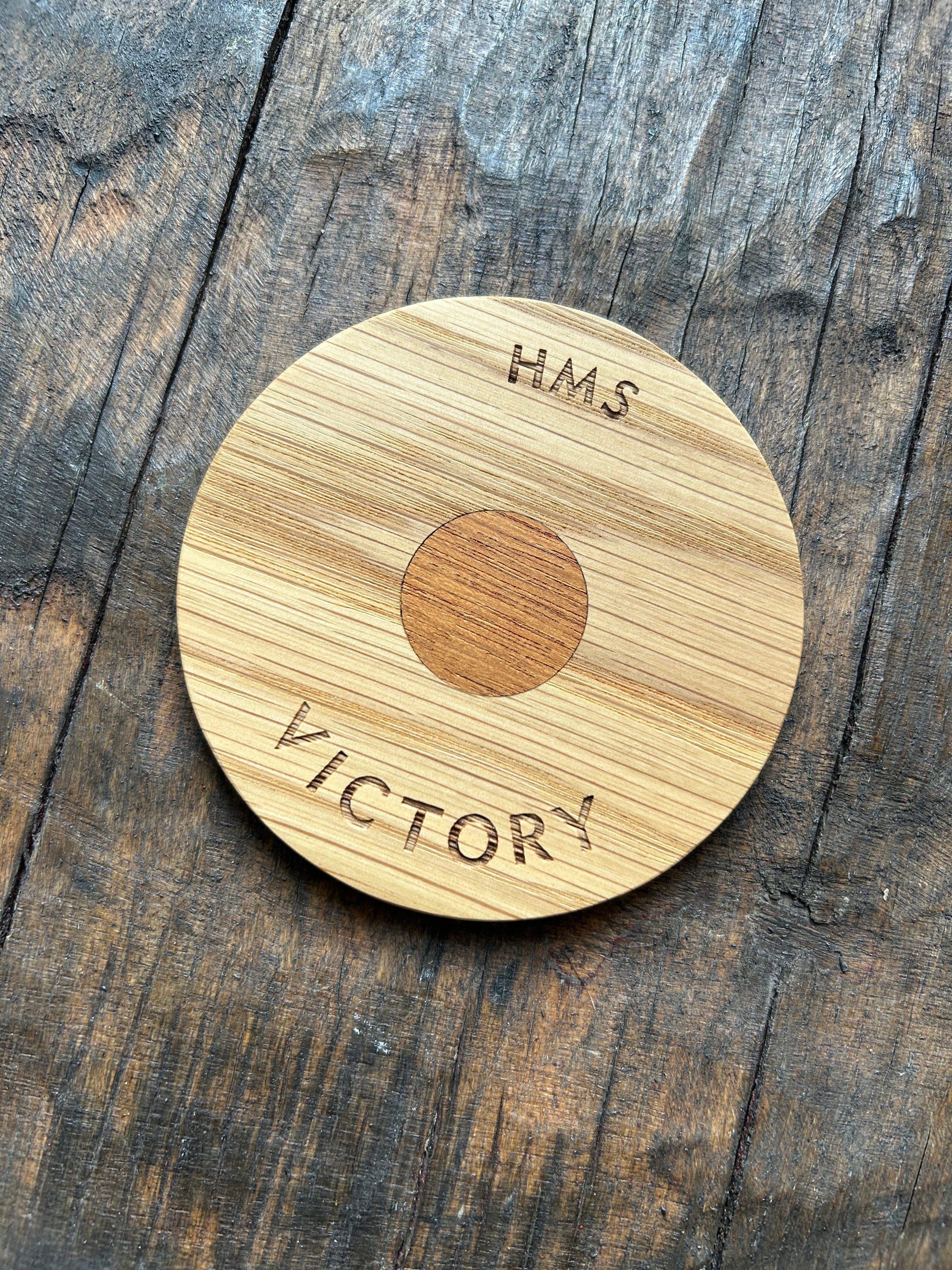 Wooden coaster with 'HMS Victory' engraving
