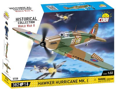 Cobi Hawker Hurricane Mk.I model kit packaging with airplane illustration on blue background