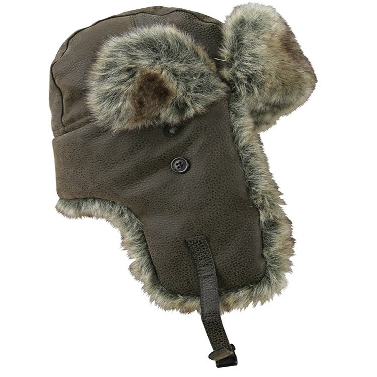Brown flying hat with fur trim on a white background
